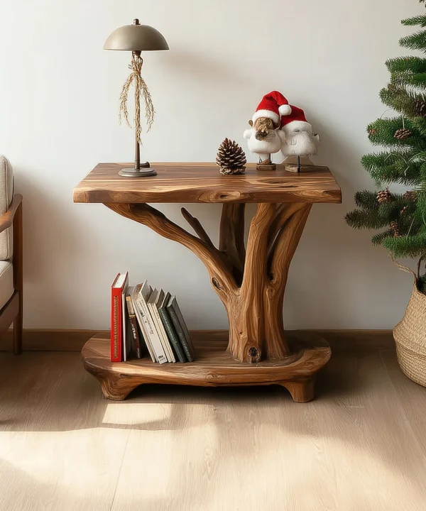 Branch-Motif Timber Occasional Table with Storage Shelf