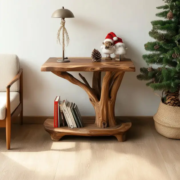 Occasional Timber Table With Branch Motif And Storage Shelf