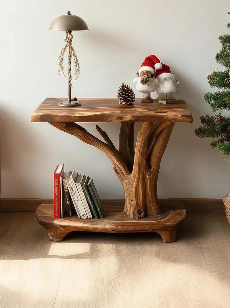 Occasional Timber Table With Branch Motif And Storage Shelf