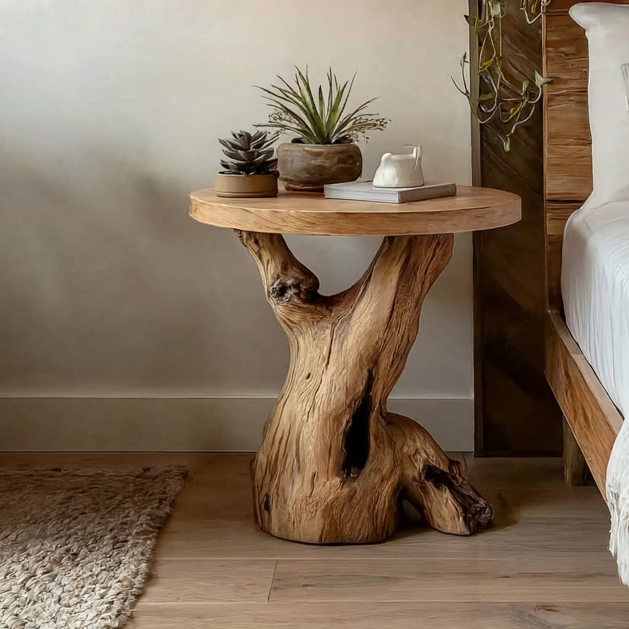 Circle Top Accent Table In Natural Timber For Lounge Or Bedroom - Image 3