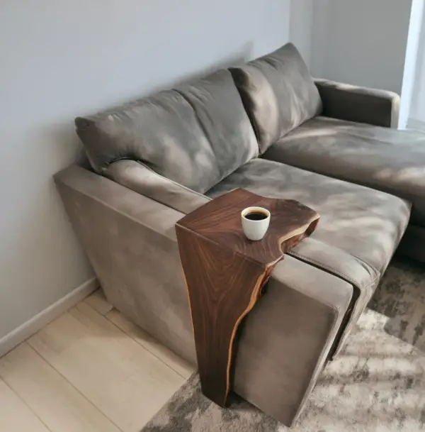Timber Sofa Arm Organizer With Flat Rest And Pocket Storage