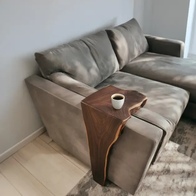 Timber Sofa Arm Organizer With Flat Rest And Pocket Storage