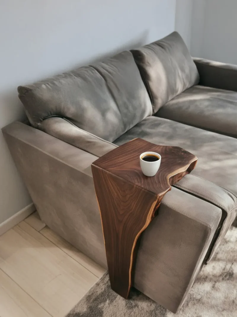 Timber Sofa Arm Organizer With Flat Rest And Pocket Storage