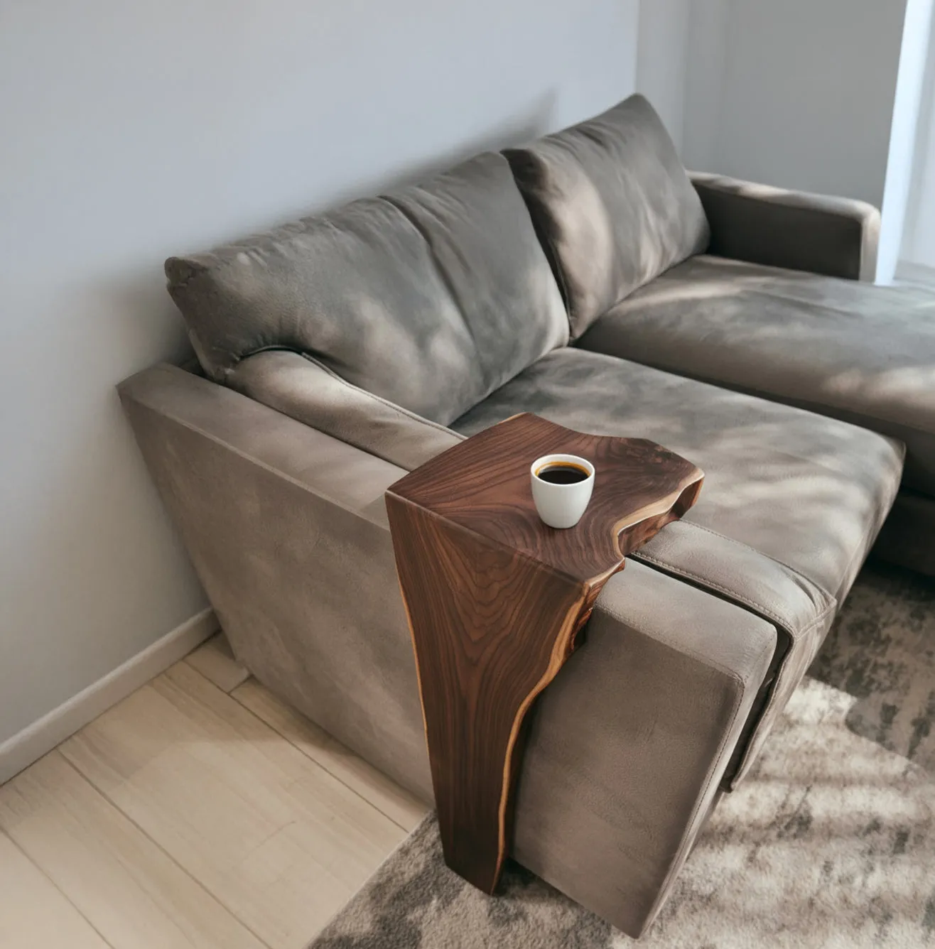 Timber Sofa Arm Organizer With Flat Rest And Pocket Storage