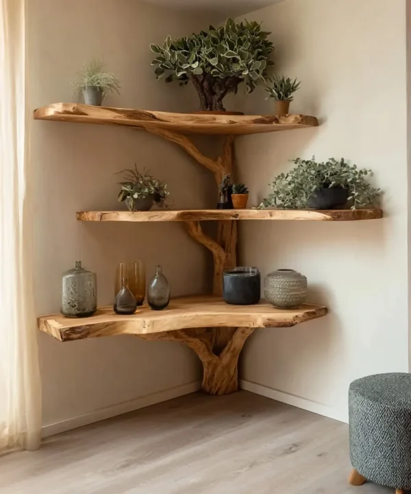 Right-Angle Timber Library Wall Unit with Organic Rim