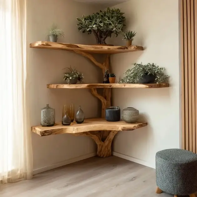 Right Angle Library Wall Unit With Organic Rim In Timber