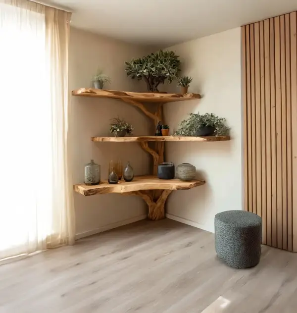 Right Angle Library Wall Unit With Organic Rim In Timber - Image 3