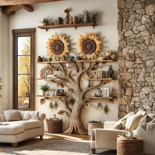 Sunflower Design Wooden Wall Bookshelf Floating Nursery Shelf