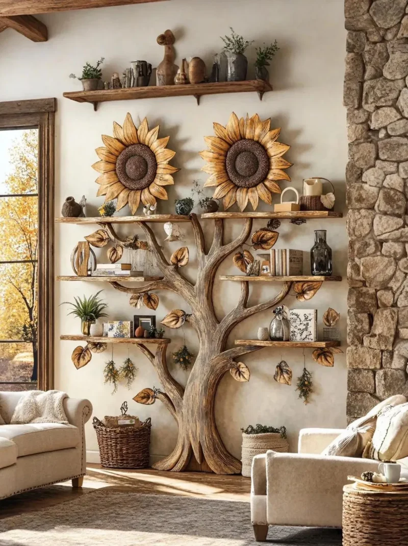 Sunflower Design Wooden Wall Bookshelf Floating Nursery Shelf