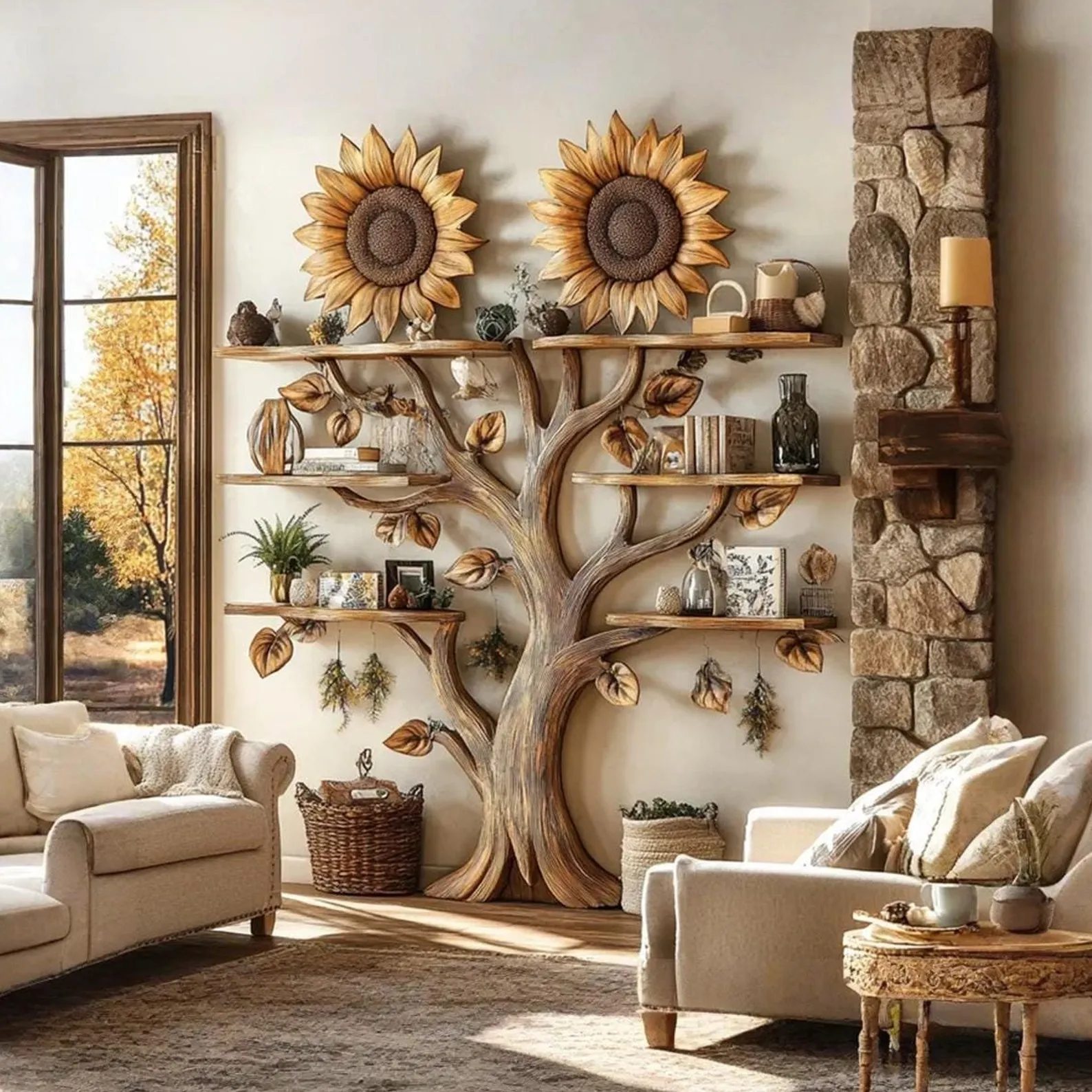 Sunflower Design Wooden Wall Bookshelf Floating Nursery Shelf - Image 2