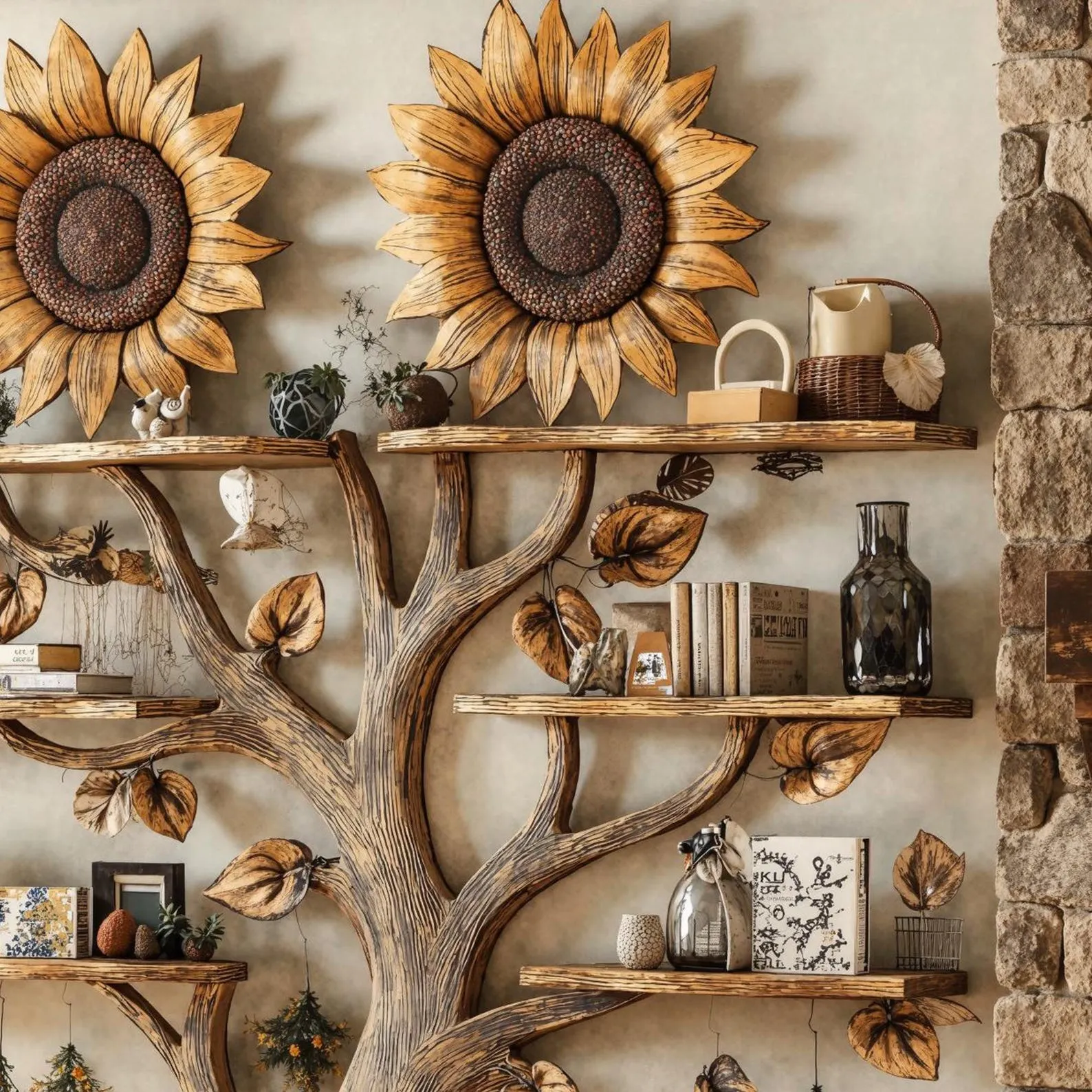 Sunflower Design Wooden Wall Bookshelf Floating Nursery Shelf - Image 3