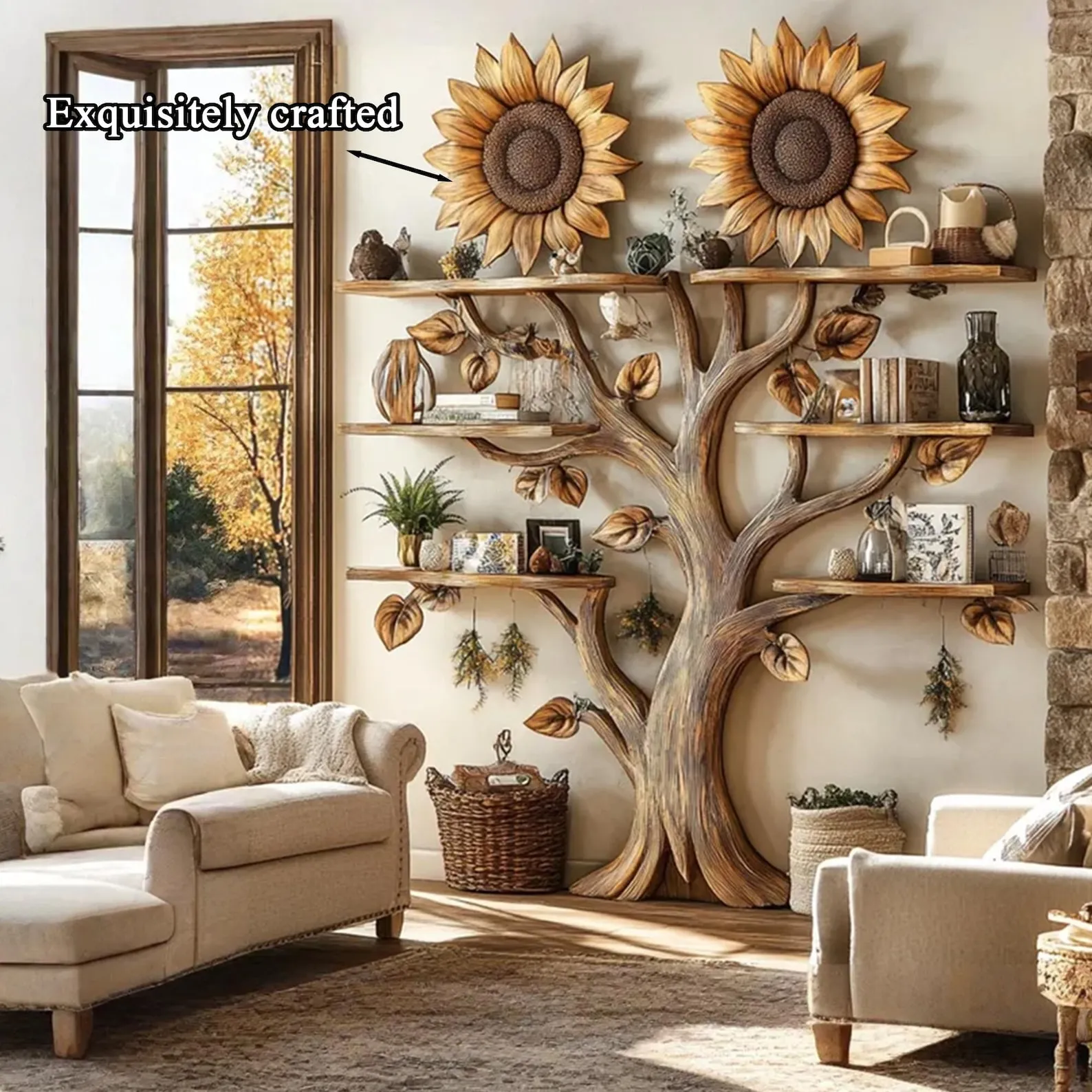 Sunflower Design Wooden Wall Bookshelf Floating Nursery Shelf - Image 5