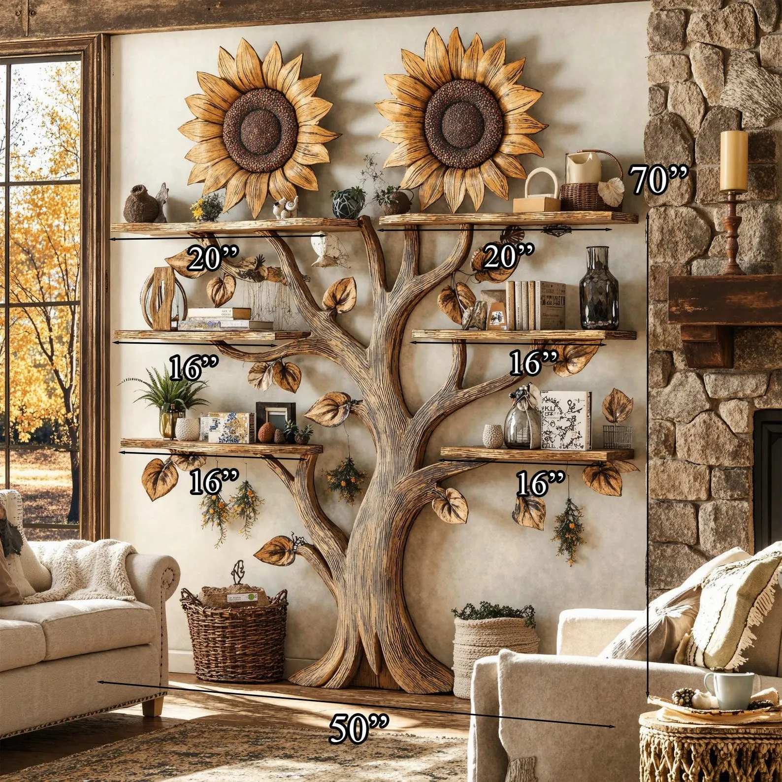 Sunflower Design Wooden Wall Bookshelf Floating Nursery Shelf - Image 6