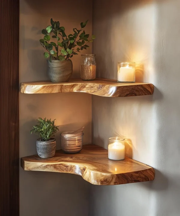 Live Edge Floating Corner Wall Shelves Set, Wooden Display
