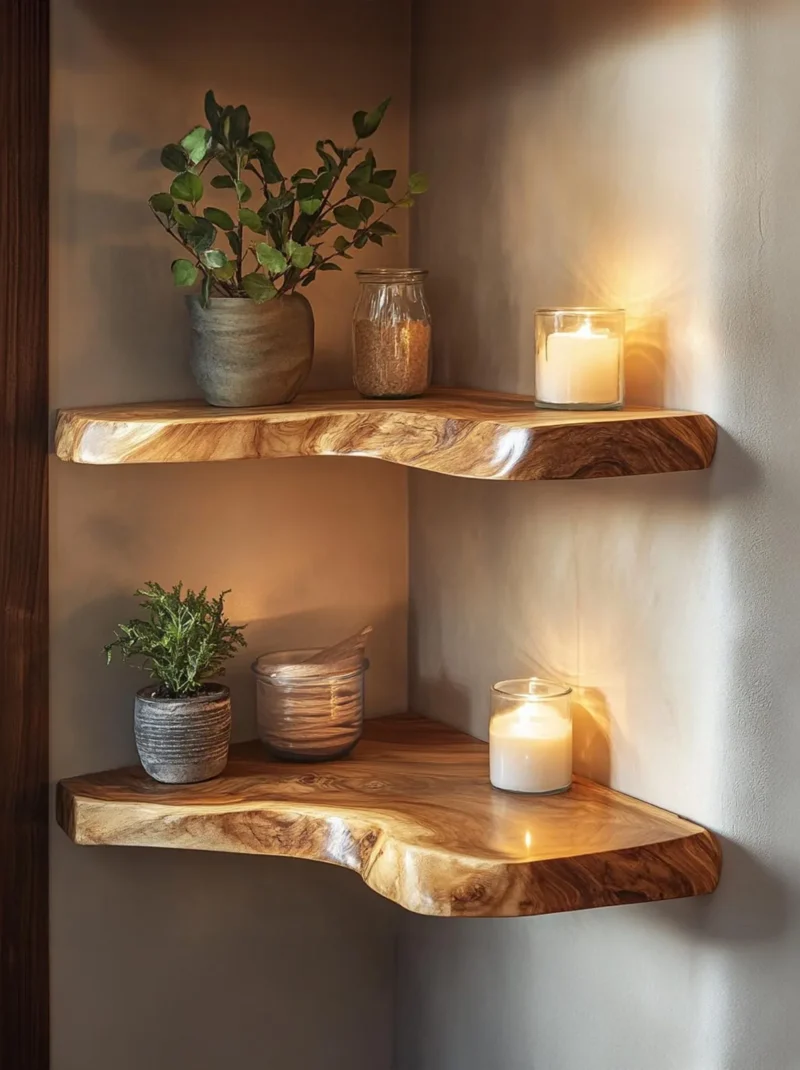 Live Edge Floating Corner Wall Shelves Wooden Display Set