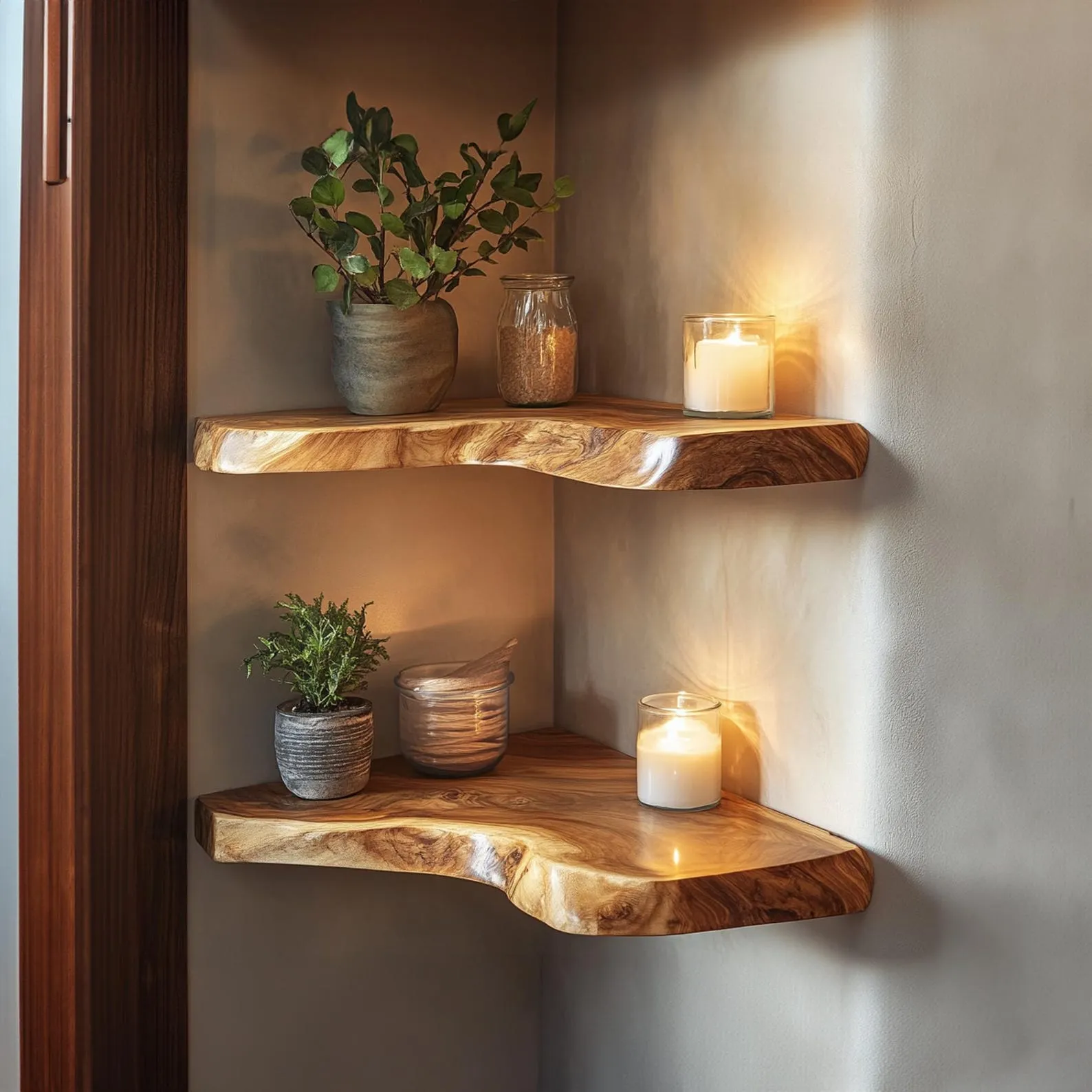 Live Edge Floating Corner Wall Shelves Wooden Display Set
