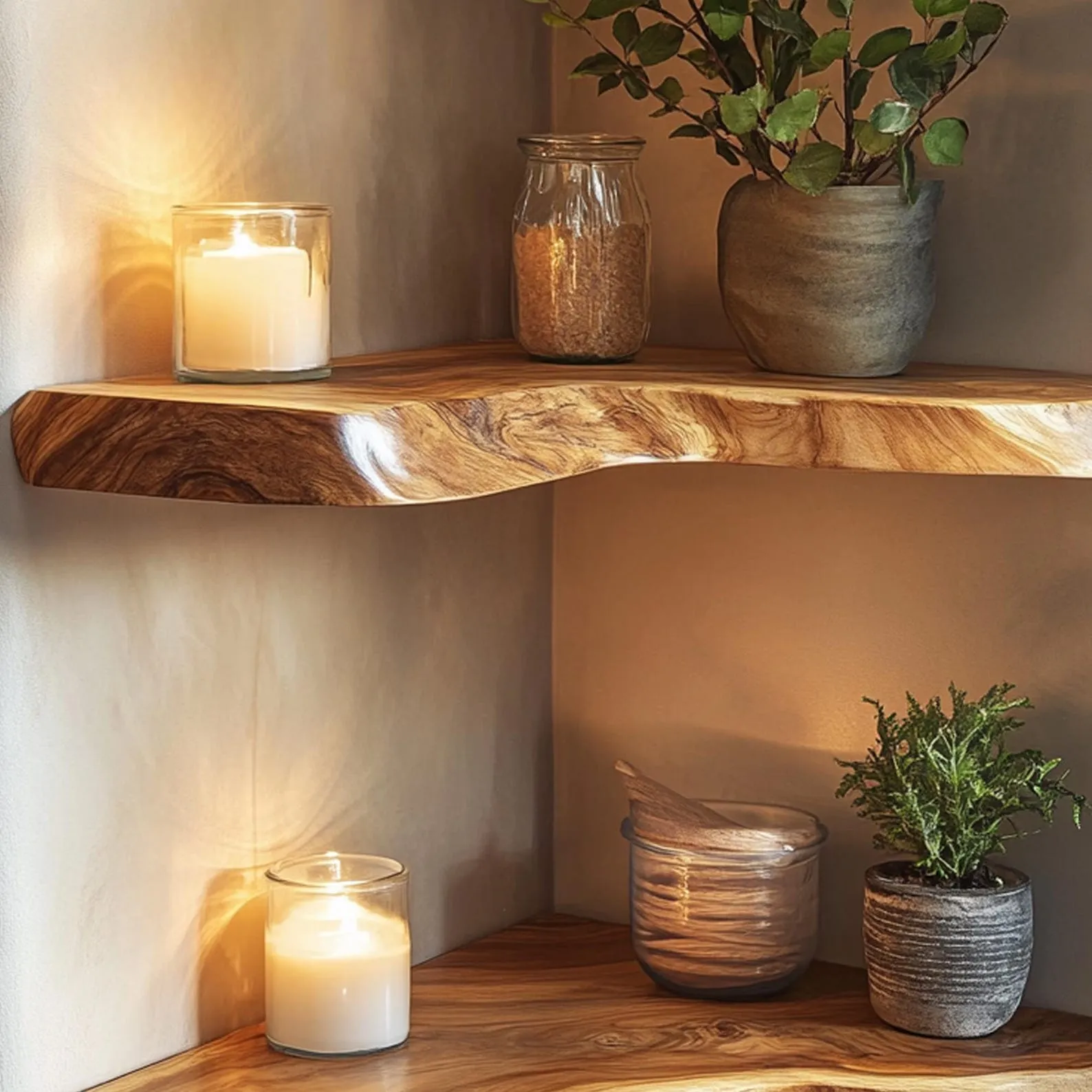 Live Edge Floating Corner Wall Shelves Wooden Display Set - Image 6