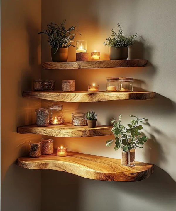 Solid Wood Floating Wall Shelves Set for Living Room Storage