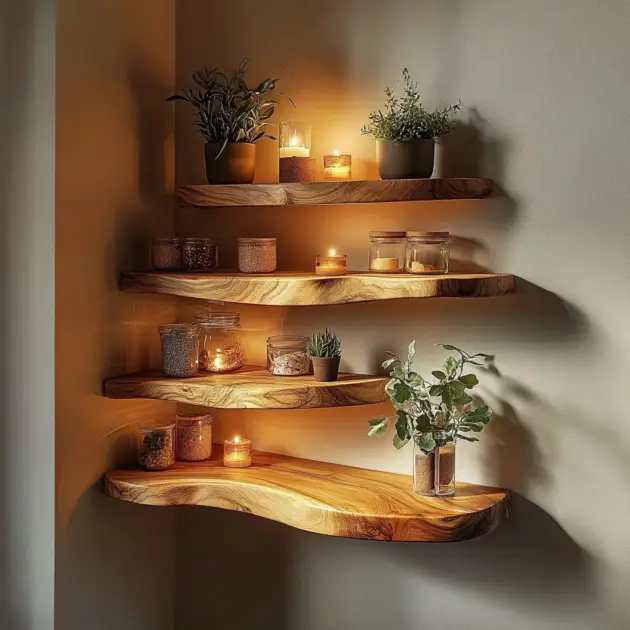 Solid Wood Floating Wall Shelves Set For Living Room Storage
