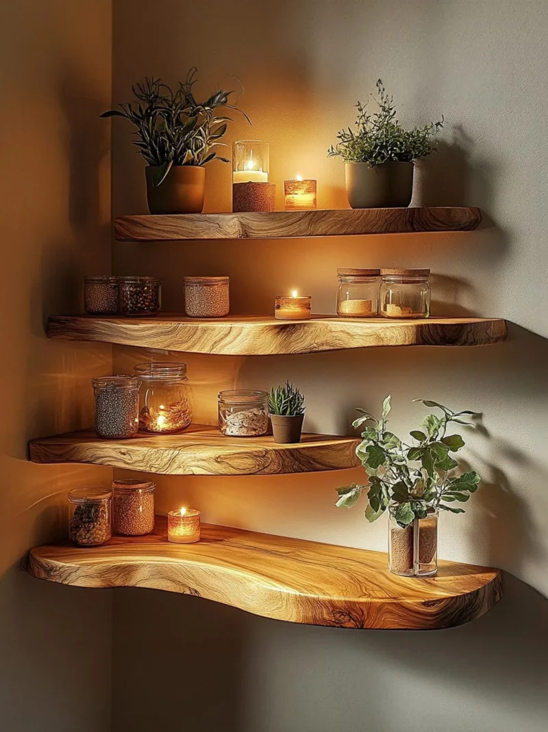 Solid Wood Floating Wall Shelves Set For Living Room Storage