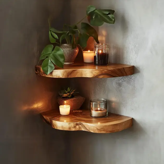 Corner Rustic Wooden Floating Wall Shelf For Home Decor