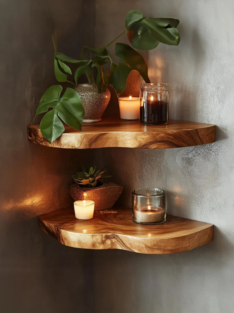 Corner Rustic Wooden Floating Wall Shelf For Home Decor