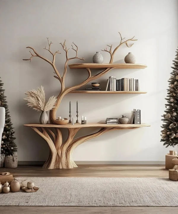 Narrow Console Table with Tree-Shaped Bookshelf Wall Unit