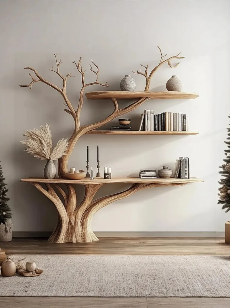 Narrow Console Table With Tree Shaped Bookshelf Wall Unit