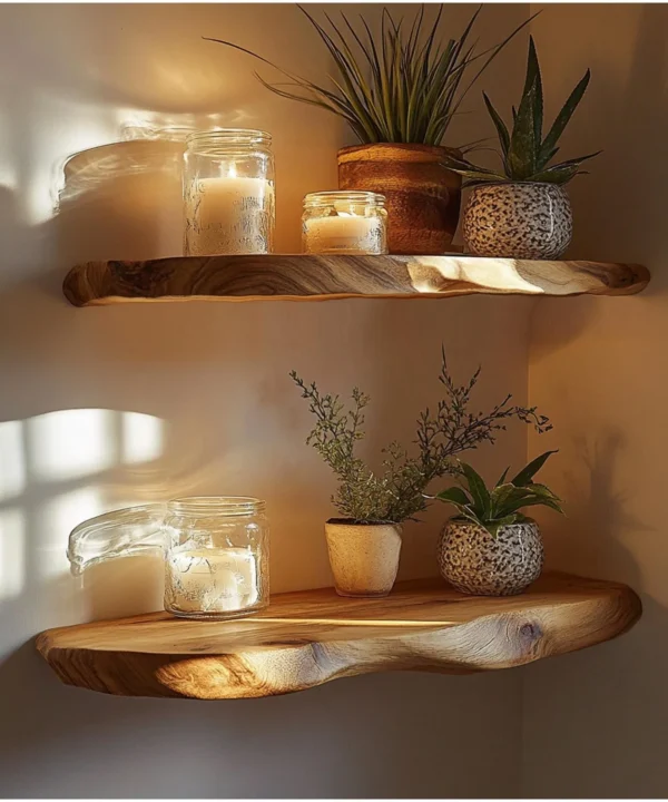 Walnut Floating Corner Shelf, Rustic Wall Display