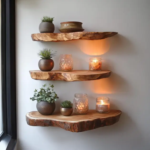 Live Edge Rustic Wood Floating Shelf For Desk Or Wall